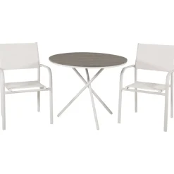 Parvekeryhmä , ø90cm harmaa-valkoinen Parma-pöytä + 2 valkoista, pinottavaa Santorini-tuolia*Venture Home New