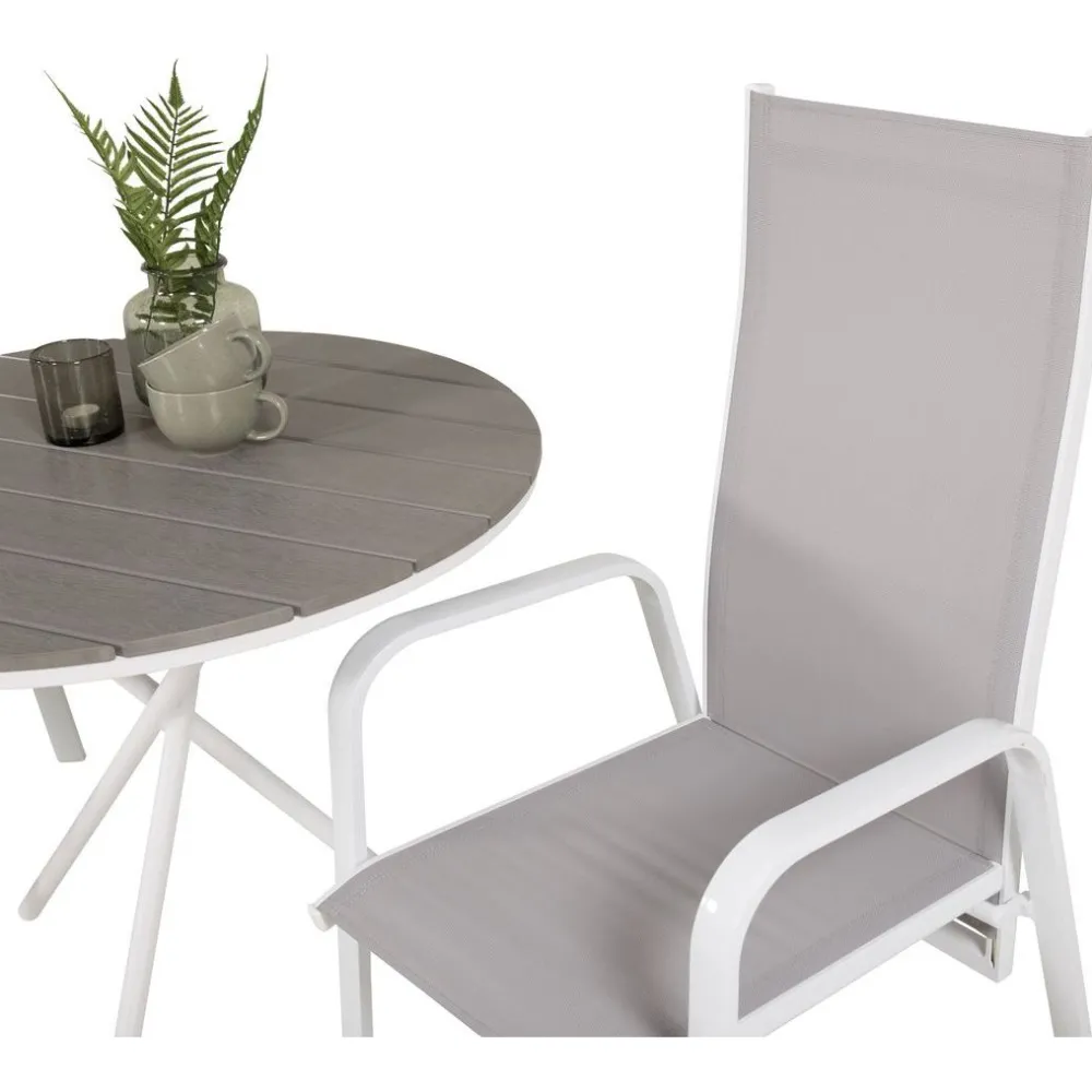 Parvekeryhmä , ø90cm harmaa-valkoinen Parma-pöytä + 2 harmaa-valkoista, pinottavaa Copacabana-tuolia*Venture Home New