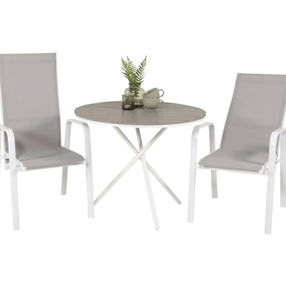 Parvekeryhmä , ø90cm harmaa-valkoinen Parma-pöytä + 2 harmaa-valkoista, pinottavaa Copacabana-tuolia*Venture Home New