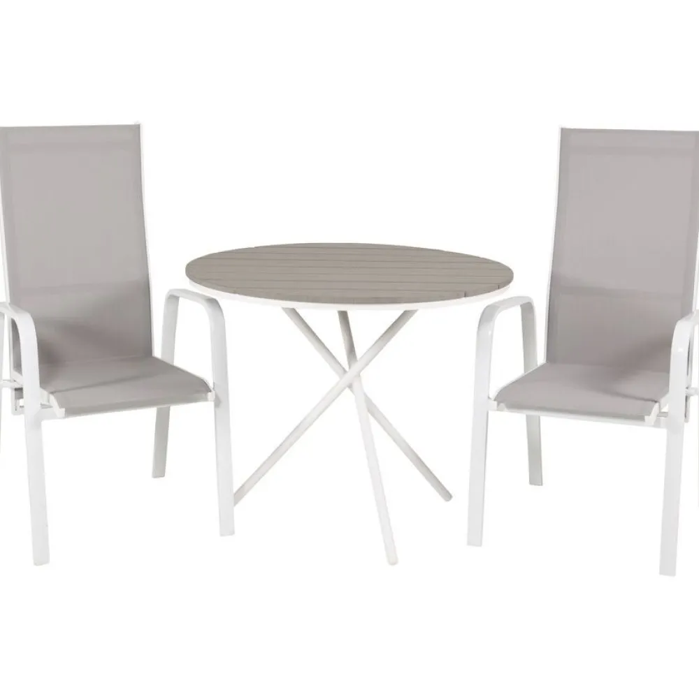 Parvekeryhmä , ø90cm harmaa-valkoinen Parma-pöytä + 2 harmaa-valkoista, pinottavaa Copacabana-tuolia*Venture Home New