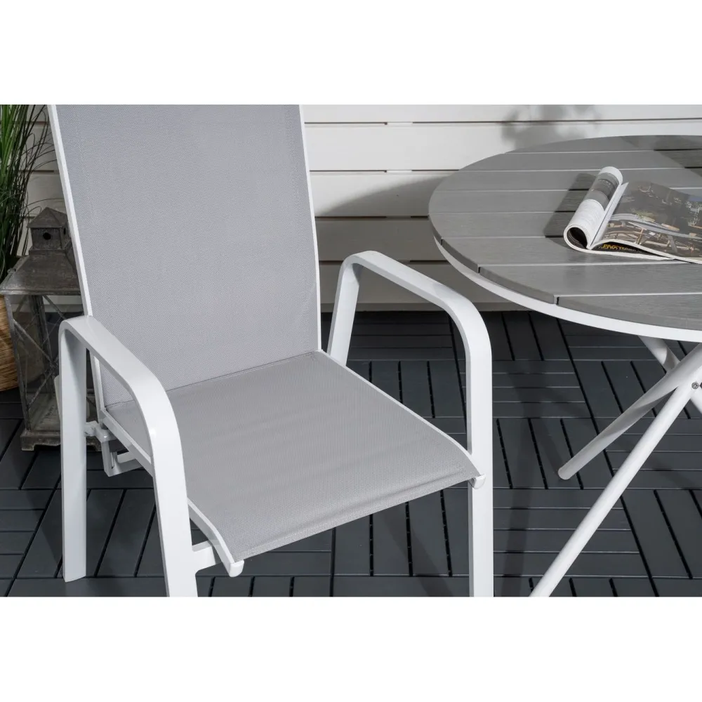 Parvekeryhmä , ø90cm harmaa-valkoinen Parma-pöytä + 2 harmaa-valkoista, pinottavaa Copacabana-tuolia*Venture Home New