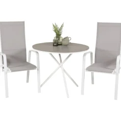 Parvekeryhmä , ø90cm harmaa-valkoinen Parma-pöytä + 2 harmaa-valkoista, pinottavaa Copacabana-tuolia*Venture Home New