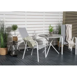 Parvekeryhmä , ø90cm harmaa-valkoinen Parma-pöytä + 2 harmaa-valkoista, pinottavaa Copacabana-tuolia*Venture Home New