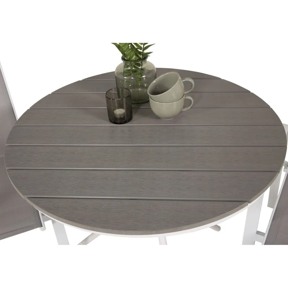 Parvekeryhmä , ø90cm harmaa-valkoinen Parma-pöytä + 2 harmaa-valkoista, pinottavaa Copacabana-tuolia*Venture Home New