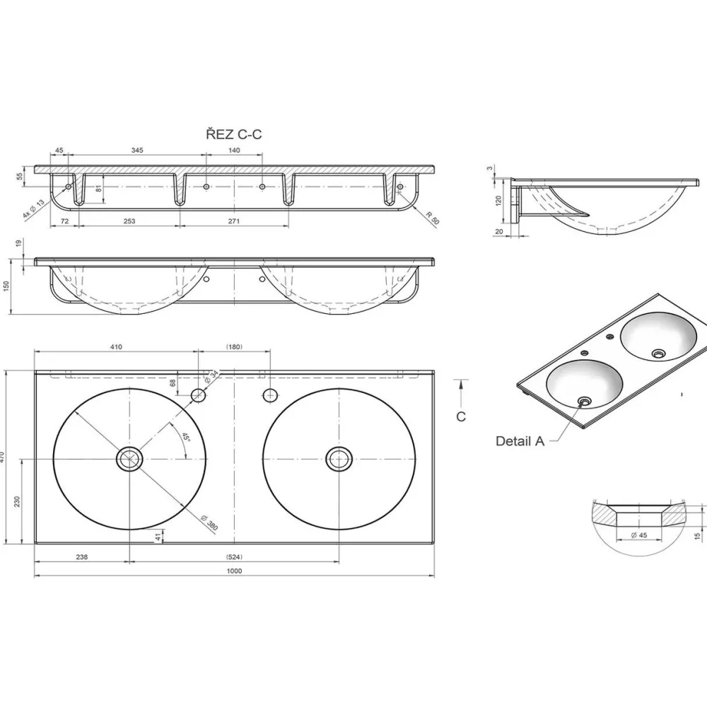 Pesuallas Juno 1000 x 470 mm kaksialtainen kivi valkoinen*Interia Discount