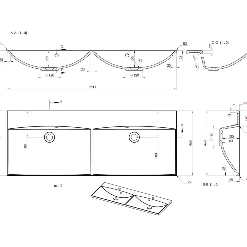 Clearance Pesuallas Maria 1200 x 460 mm kaksialtainen kivi valkoinen Kaksoispesualtaat