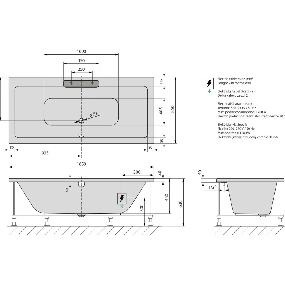 Poreamme Cascata Highline Hydro, 1850x850x450mm, 290l, musta/valkoinen Poreammeet