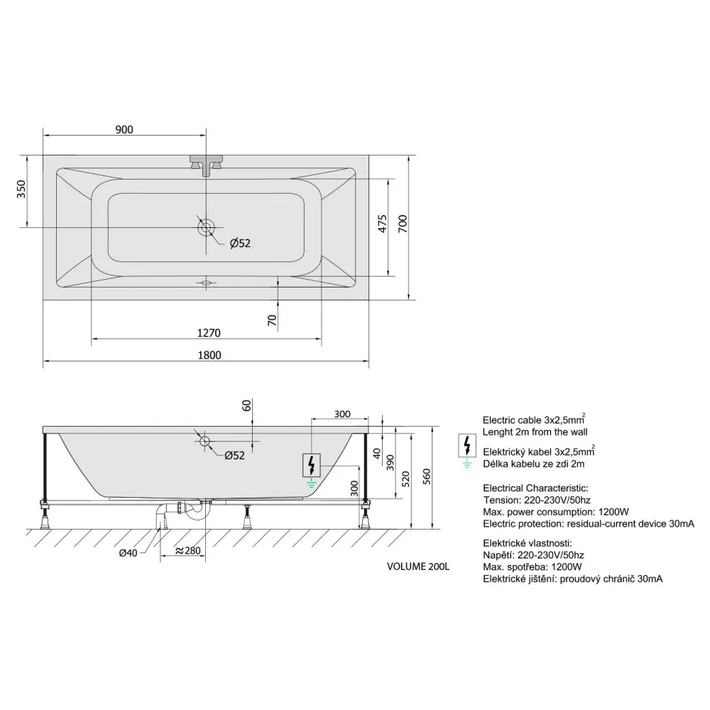 Poreamme Krysta Active Hydro-Air, 1800x700x390mm, 200l, valkoinen Poreammeet