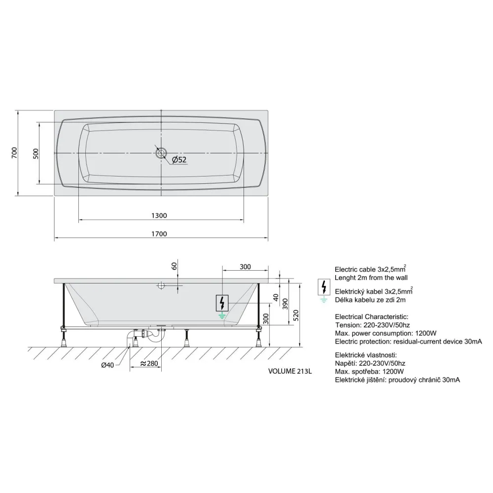 Poreamme Lily Highline Hydro-Air, 1700x700x390mm, 213l, valkoinen*Interia Hot