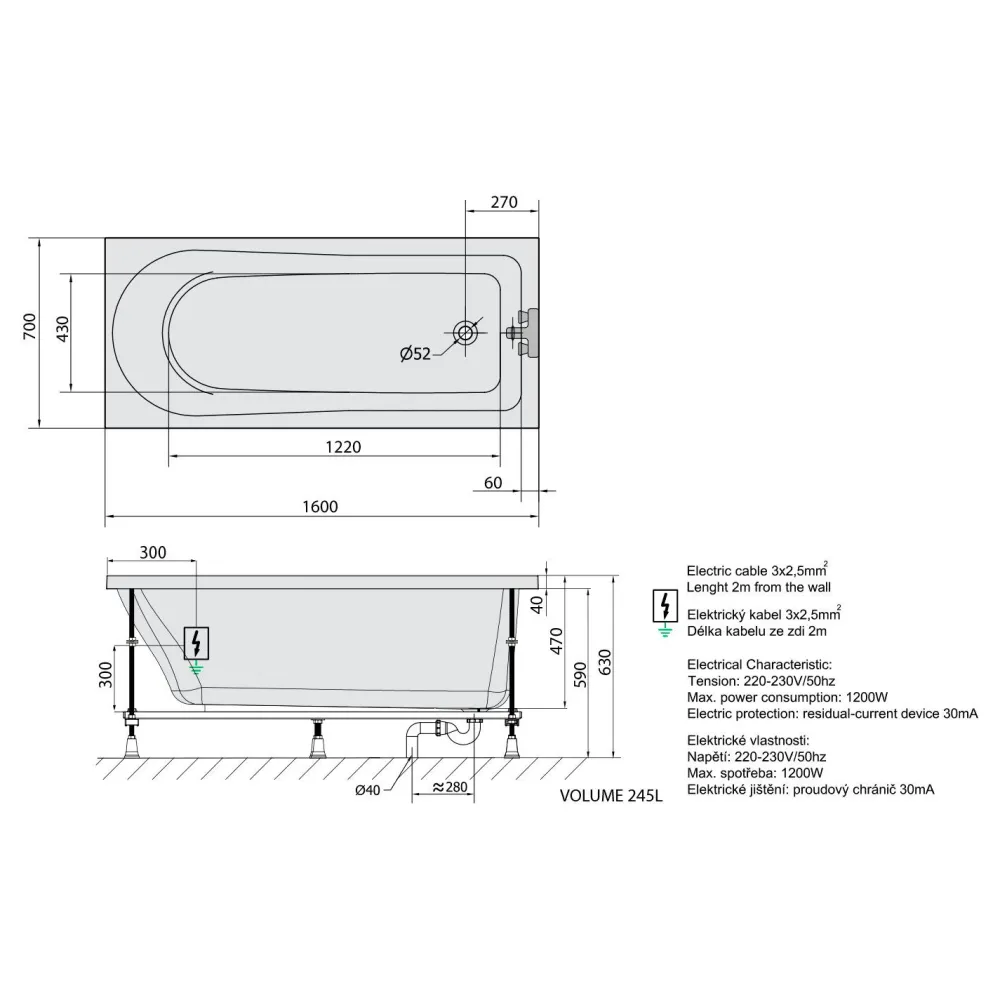 Poreamme Lisa Highline Hydro-Air, 1600x700x470mm, 245l, valkoinen*Interia Sale