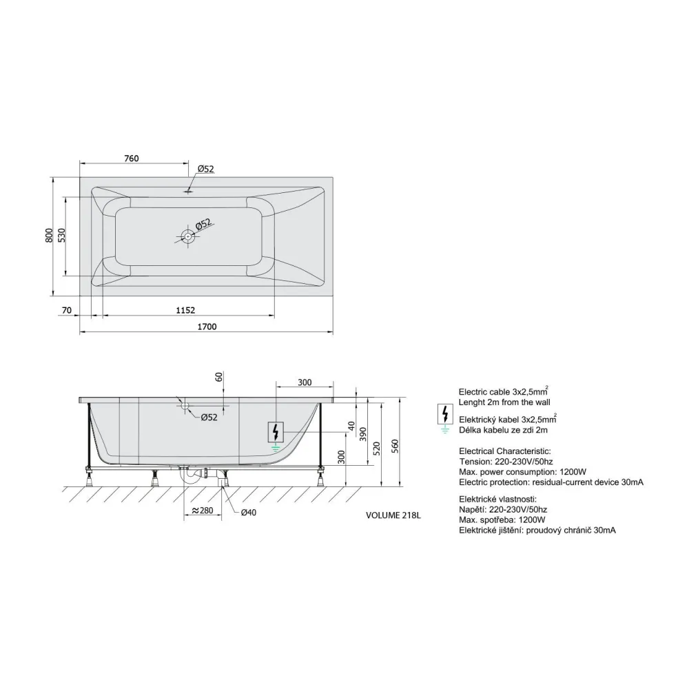 Poreamme Mimoa Highline Hydro, 1700x800x390mm, 218l, valkoinen*Interia Online