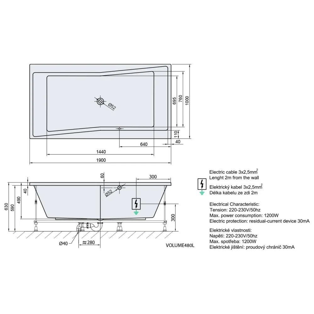 Poreamme Quest Attraction Hydro, 1900x1000x490mm, 480l, valkoinen*Interia Sale