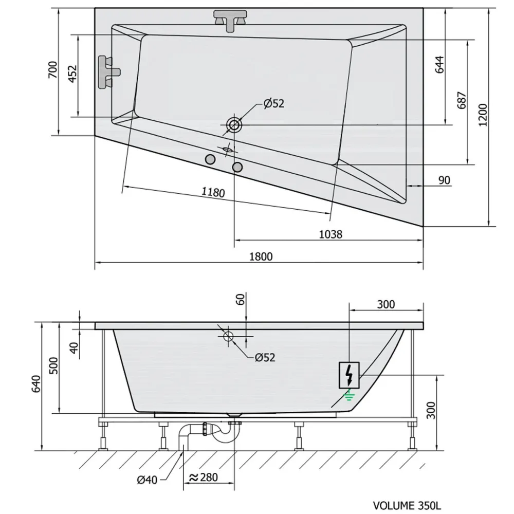 Best Poreamme Triangl Highline Hydro, 1800x1200x500mm, oikea, 350l, valkoinen Poreammeet