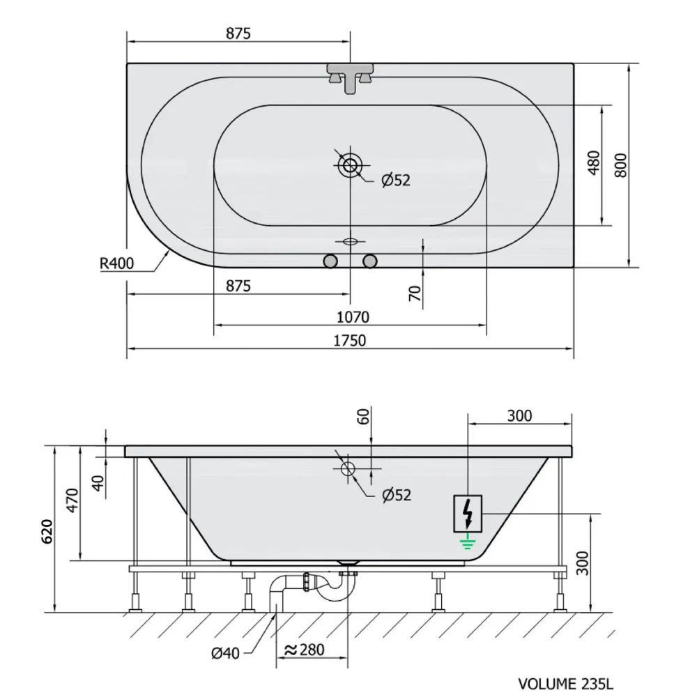 Outlet Poreamme Viva Active Hydro-Air, 1750x800x470mm, oikea, 235l, valkoinen Poreammeet