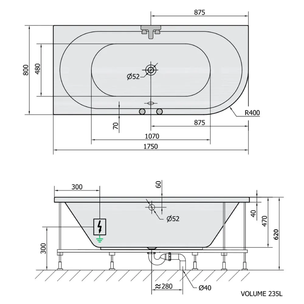 Poreamme Viva Highline Hydro-Air, 1750x800x470mm, vasen, 235l, valkoinen*Interia Online