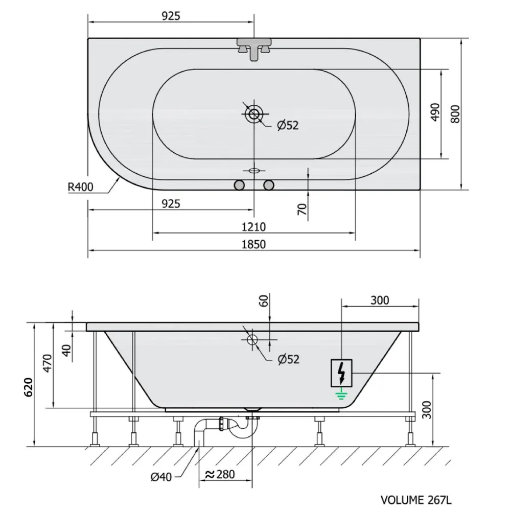 Poreamme Viva Highline Hydro, 1850x800x470mm, oikea, 267l, valkoinen*Interia Online