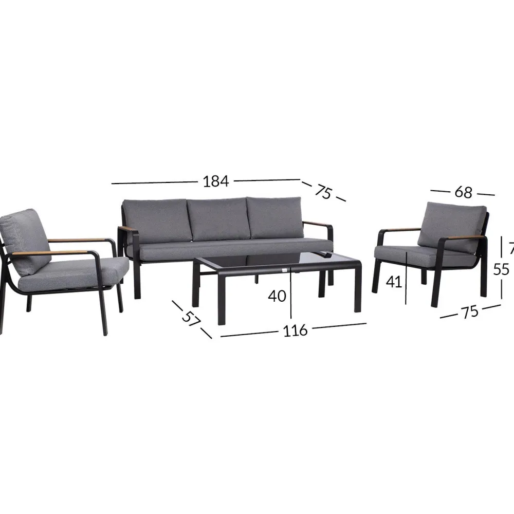 Puutarhakalustesetti LONA pöytä, sohva ja 2 tuolia, harmaa/musta*Home4you Sale