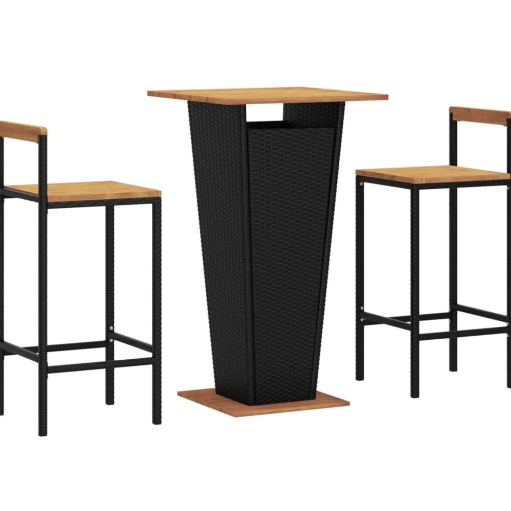 Puutarhan bistrosarja 3-osainen musta polyrottinki/täysi akasiapuu (87725)*FinePRICE Sale