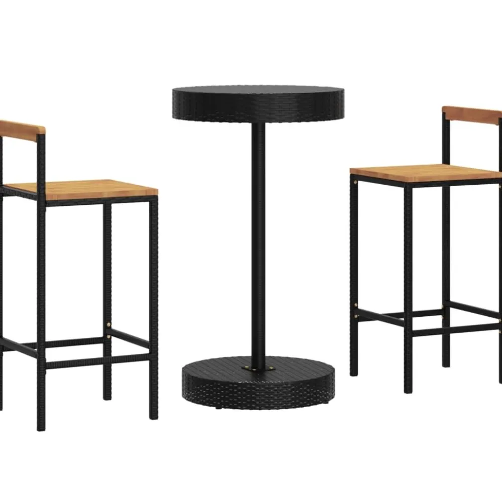 Puutarhan bistrosarja 3-osainen musta polyrottinki/täysi akasiapuu (87718)*FinePRICE Outlet