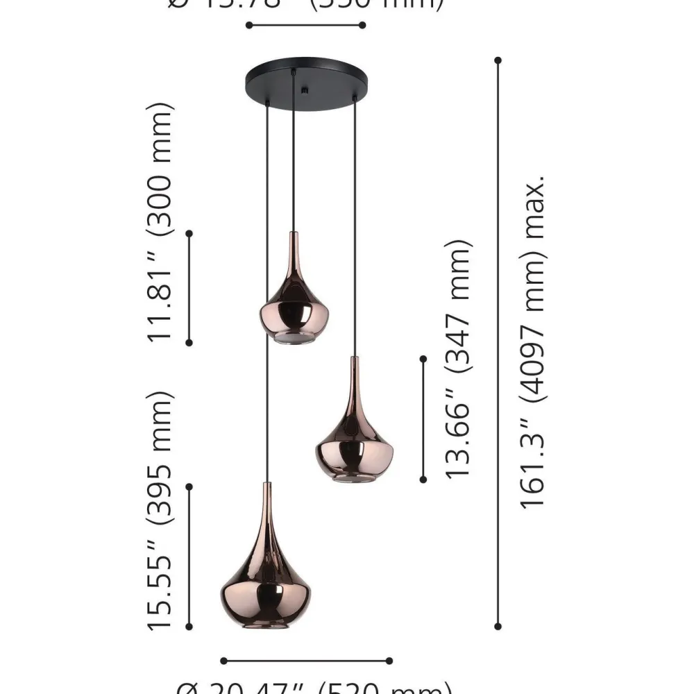 Best Riippuvalaisin Almoster 3-osainen Ø55cm 3xE27 maks. 28W/kpl IP20 musta/kupari Riippuvalaisimet