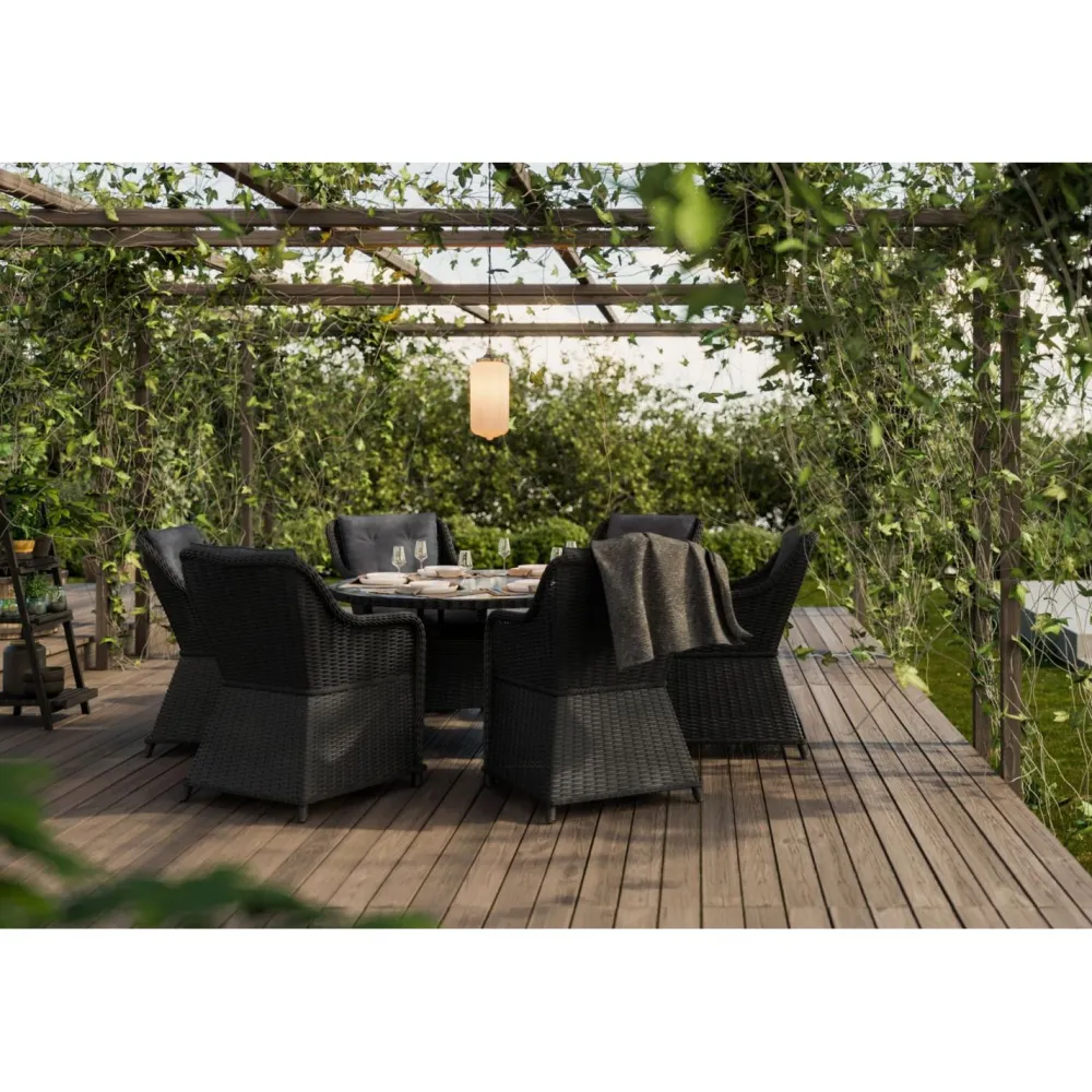 Ruokailuryhmä Marcus ø140 cm pöytä + 6 nojatuolia musta/harmaa*Comfort Garden Best