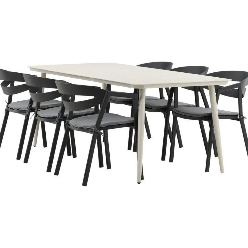 Ruokailuryhmä ulos , beige Lina-pöytä 200x90cm + 6 mustaa Slit-tuolia*Venture Home Best