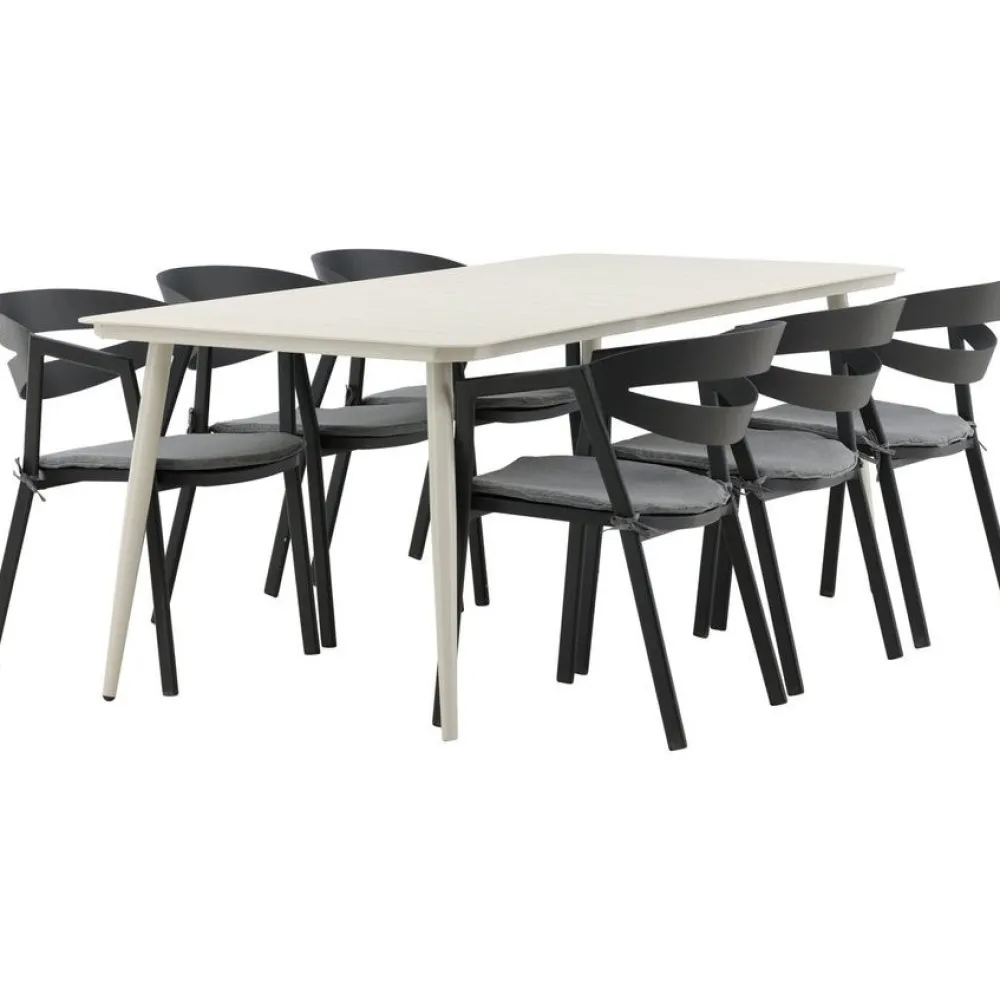 Ruokailuryhmä ulos , beige Lina-pöytä 200x90cm + 6 mustaa Slit-tuolia*Venture Home Best