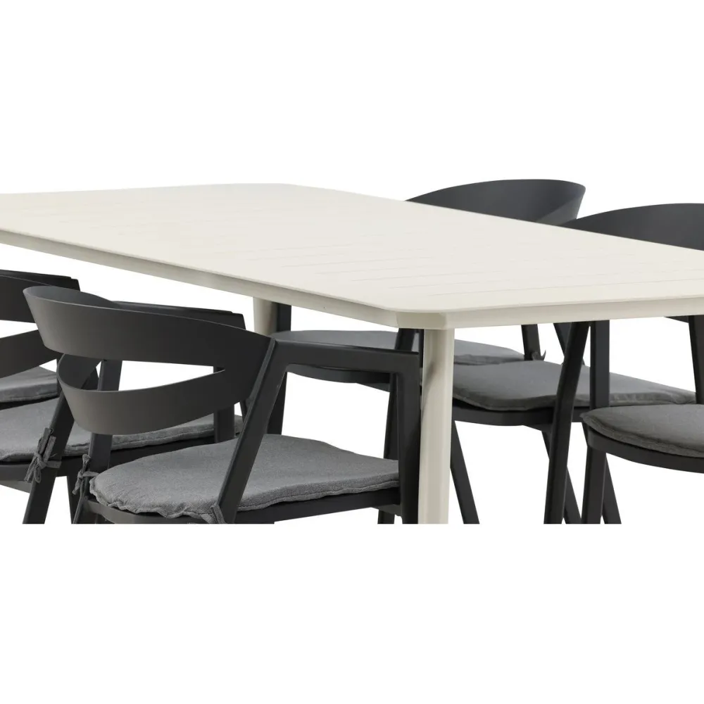 Ruokailuryhmä ulos , beige Lina-pöytä 200x90cm + 6 mustaa Slit-tuolia*Venture Home Best