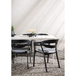 Ruokailuryhmä ulos , beige Lina-pöytä 200x90cm + 6 mustaa Slit-tuolia*Venture Home Best