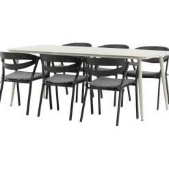 Ruokailuryhmä ulos , beige Lina-pöytä 200x90cm + 6 mustaa Slit-tuolia*Venture Home Best