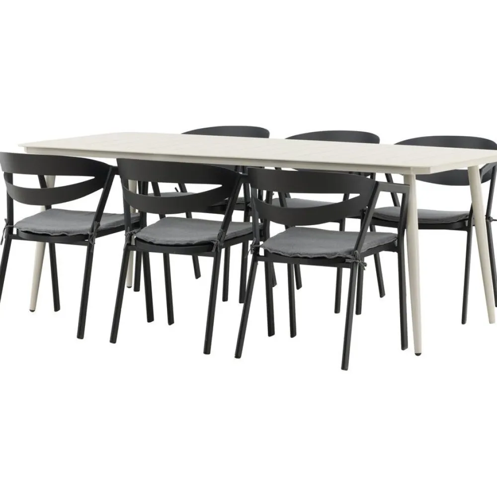 Ruokailuryhmä ulos , beige Lina-pöytä 200x90cm + 6 mustaa Slit-tuolia*Venture Home Best