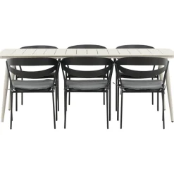 Ruokailuryhmä ulos , beige Lina-pöytä 200x90cm + 6 mustaa Slit-tuolia*Venture Home Best