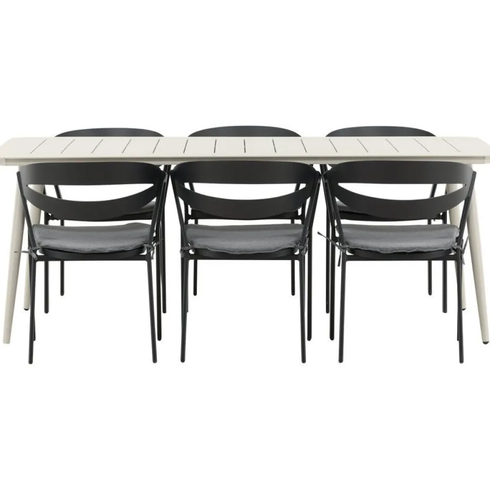 Ruokailuryhmä ulos , beige Lina-pöytä 200x90cm + 6 mustaa Slit-tuolia*Venture Home Best