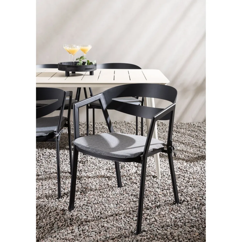 Ruokailuryhmä ulos , beige Lina-pöytä 200x90cm + 6 mustaa Slit-tuolia*Venture Home Best