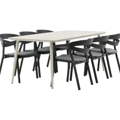 Ruokailuryhmä ulos , beige Lina-pöytä 200x90cm + 6 mustaa Slit-tuolia*Venture Home Best