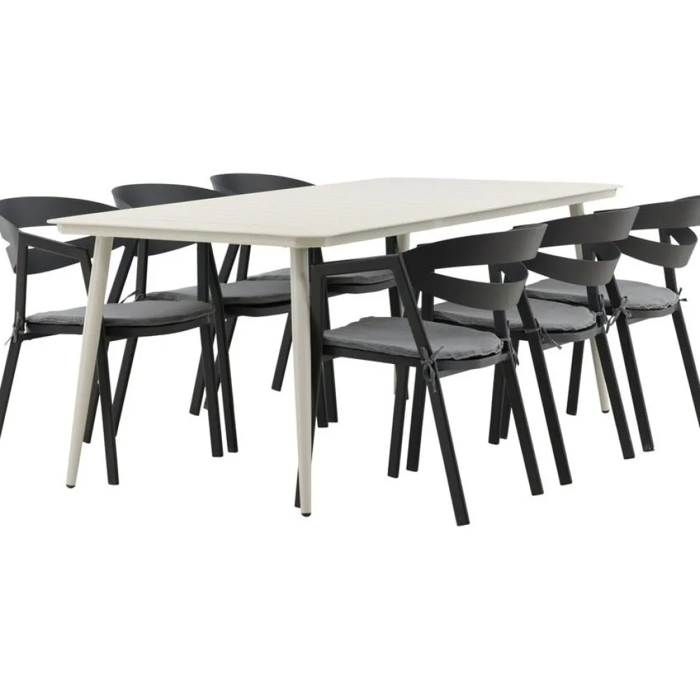 Ruokailuryhmä ulos , beige Lina-pöytä 200x90cm + 6 mustaa Slit-tuolia*Venture Home Best