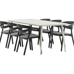 Ruokailuryhmä ulos , beige Lina-pöytä 200x90cm + 6 mustaa Slit-tuolia*Venture Home Best