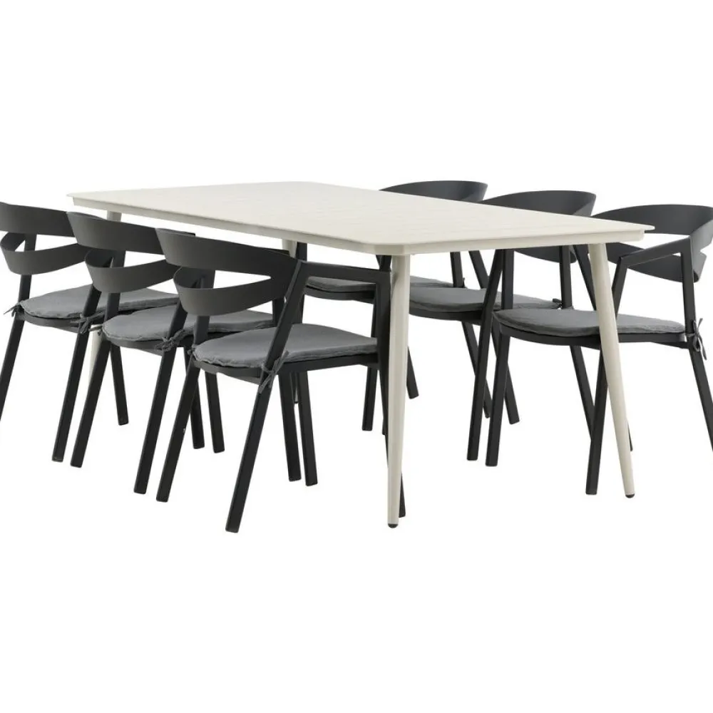 Ruokailuryhmä ulos , beige Lina-pöytä 200x90cm + 6 mustaa Slit-tuolia*Venture Home Best