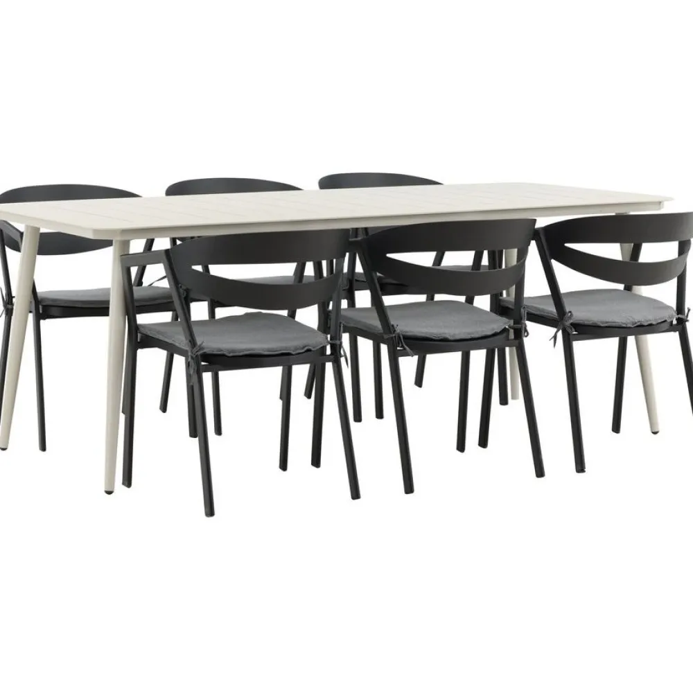 Ruokailuryhmä ulos , beige Lina-pöytä 200x90cm + 6 mustaa Slit-tuolia*Venture Home Best