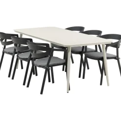 Ruokailuryhmä ulos , beige Lina-pöytä 200x90cm + 6 mustaa Slit-tuolia*Venture Home Best