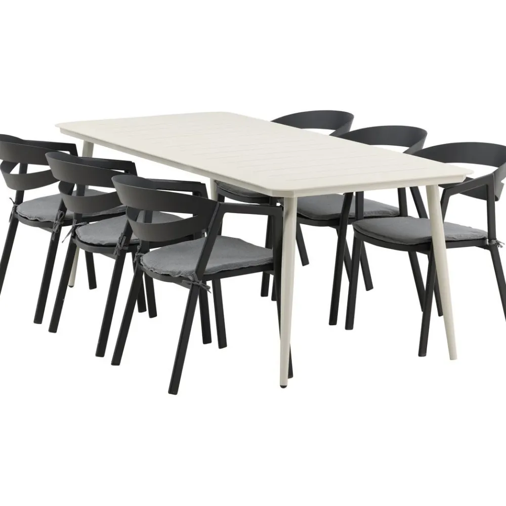 Ruokailuryhmä ulos , beige Lina-pöytä 200x90cm + 6 mustaa Slit-tuolia*Venture Home Best