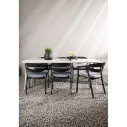 Ruokailuryhmä ulos , beige Lina-pöytä 200x90cm + 6 mustaa Slit-tuolia*Venture Home Best