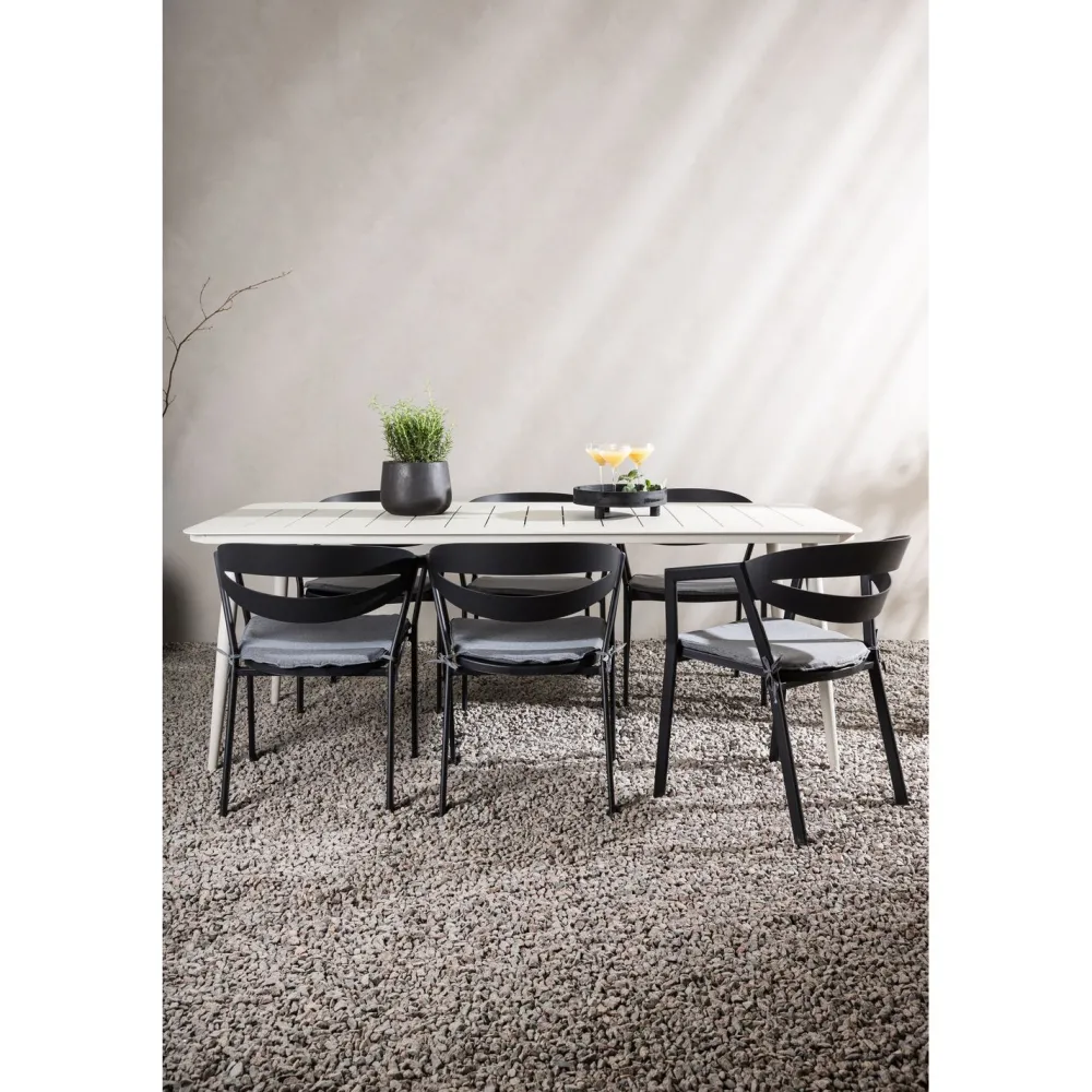Ruokailuryhmä ulos , beige Lina-pöytä 200x90cm + 6 mustaa Slit-tuolia*Venture Home Best