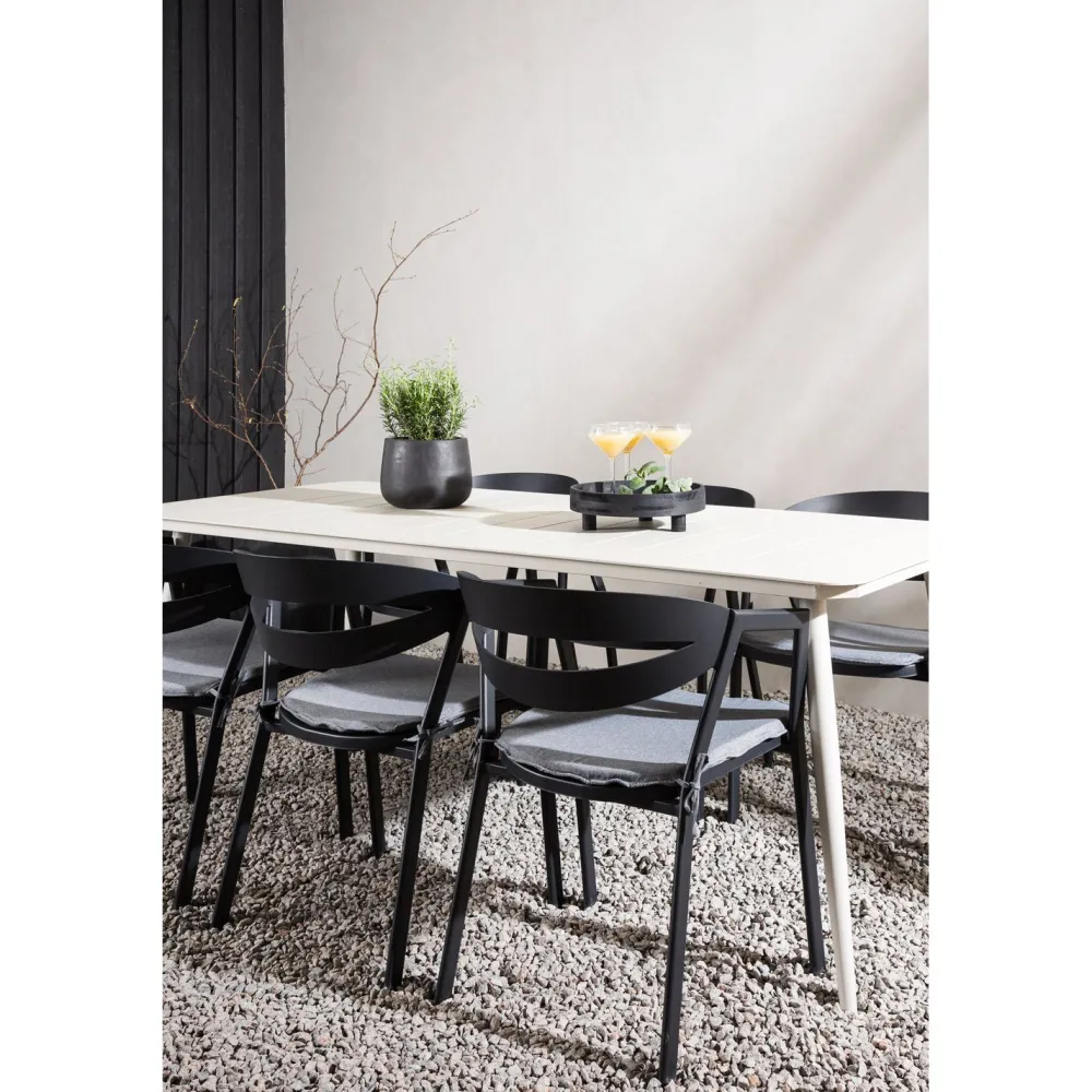 Ruokailuryhmä ulos , beige Lina-pöytä 200x90cm + 6 mustaa Slit-tuolia*Venture Home Best