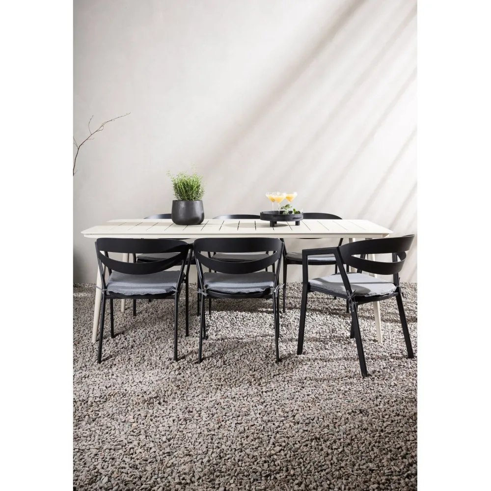 Ruokailuryhmä ulos , beige Lina-pöytä 200x90cm + 6 mustaa Slit-tuolia*Venture Home Best