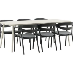 Ruokailuryhmä ulos , beige Lina-pöytä 200x90cm + 6 mustaa Slit-tuolia*Venture Home Best