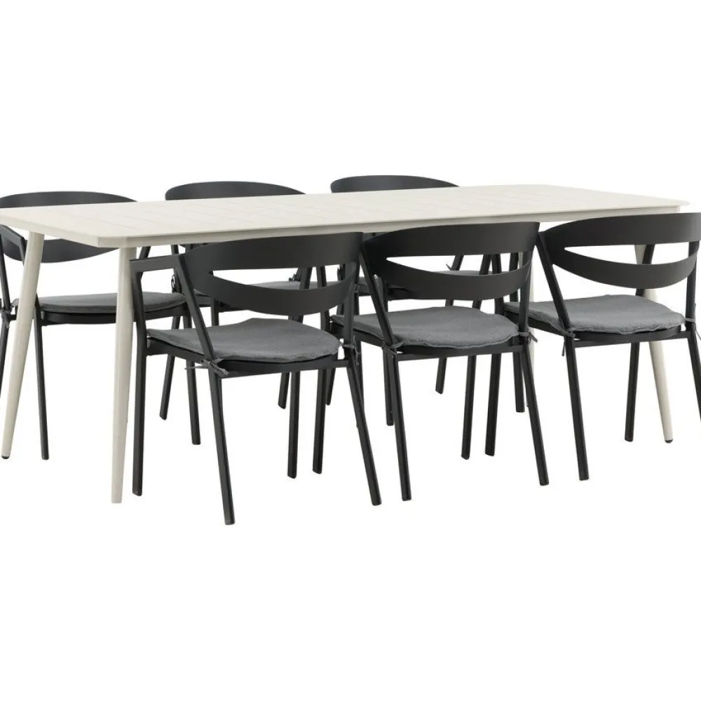 Ruokailuryhmä ulos , beige Lina-pöytä 200x90cm + 6 mustaa Slit-tuolia*Venture Home Best