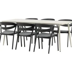 Ruokailuryhmä ulos , beige Lina-pöytä 200x90cm + 6 mustaa Slit-tuolia*Venture Home Best
