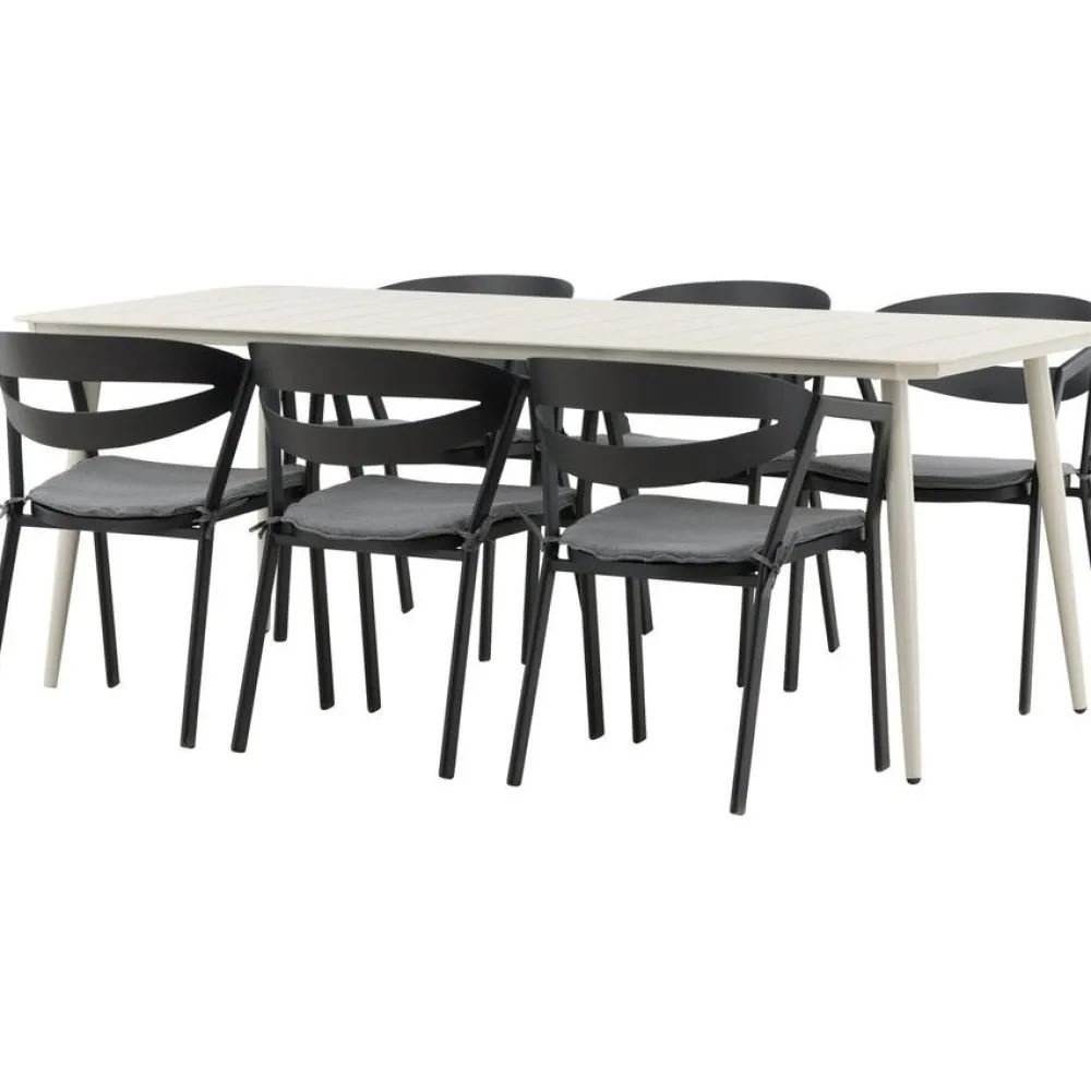 Ruokailuryhmä ulos , beige Lina-pöytä 200x90cm + 6 mustaa Slit-tuolia*Venture Home Best
