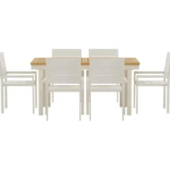 Online Ruokailuryhmä ulos , luonnollisenvärinen Panama-pöytä 160x90cm + 6 beigeä Levels-tuolia Ruokailuryhmät Ulos